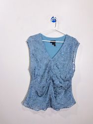 Donna Karan New York Blue Lace Ruched V-Neck Sleev..