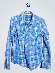 CRB Blue Plaid Studded Long Sleeve Western Shirt