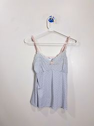 Gray and white patterned camisole with pink trim a..
