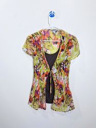 St. John Floral Pleated Sheer Knit Top with Tie Fr..