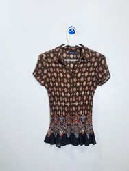 APT 9 Brown Print Pleated Short Sleeve Blouse