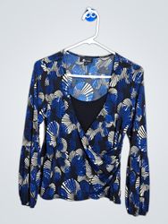 AB Studio Women's Blue Fan Print Faux Wrap Long Sl..