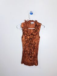 Women's Sleeveless Pleated Top with Ruffle Necklin..