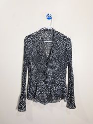 Black and White Patterned Blouse with Ruffle Detai..