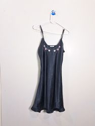 Black Slip Dress with Pink Floral Embroidery