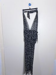 Connected Black and White Polka Dot Halter Maxi Dr..