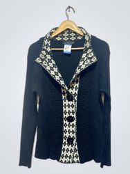 LAVENA Women's Black Cardigan with Argyle Pattern