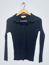 Beige Ribbed Collared Long-Sleeve Top