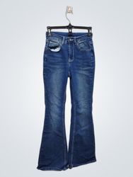 Jeans blu flare con decorazioni incrociate