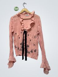 KAELYN-MAX Pink Ruffle Blouse with Black Floral Em..