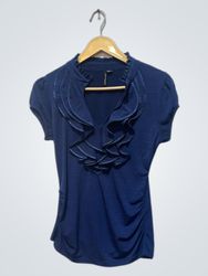 Heartsoul Navy Blue Ruffle V-Neck Short Sleeve Top