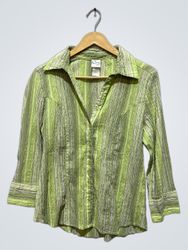 Squeeze Women's Green Striped Stretch Button-Up Sh..
