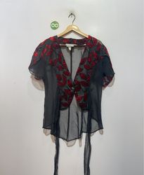 AMIGA FASHION Sheer Black Red Leaf Burnout Kimono ..