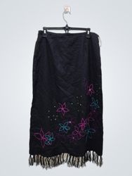 Black Maxi Skirt with Floral Embroidery and Fringe..