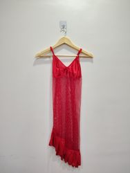 Red Mesh Slip Dress with Ruffle Trim