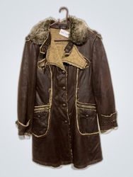 Brown Leather Coat with Fur Trim