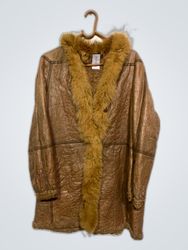 Brown Leather Coat with Fur Trim