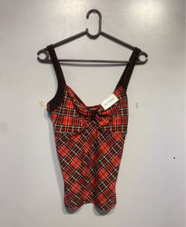Red Plaid Tank Top with Bow Detail