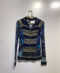 Blue and gold patterned zip-up sweater