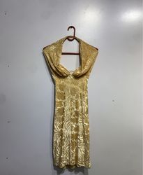 Gold Patterned Halter Dress with Lace-up Back