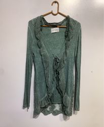 Green Long Sleeve Top with Ruffles and Lace Detail