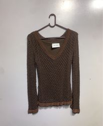 Brown Crochet Long Sleeve Top with Beaded Trim