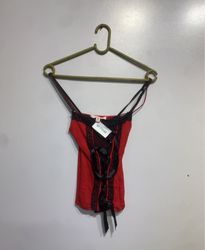 J.N.Y Red Lace Trim Corset Top