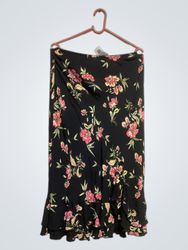 Gelco Black Floral Print Ruffle Hem Midi Skirt