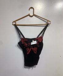 Black Velvet Corset with Red Embroidery