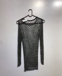 Black Net Beaded Long Sleeve Top