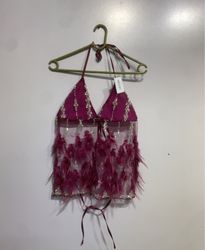 Pink Beaded Feather Halter Top