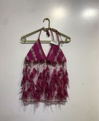 Pink Halter Neck Embellished Feather Top