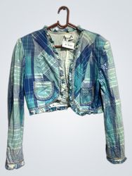PARAKIAN Blue Plaid Cropped Jacket with Ruffles
