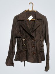 Brown Crinkled Jacket with Decorative Buckles and ..