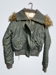 Green Bomber Jacket with Fur Collar