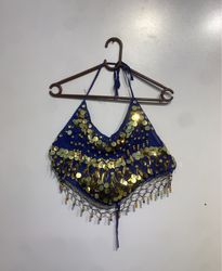 Blue Sequin and Bead Embellished Halter Top