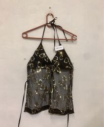 Black sheer halter top with gold and silver leaf s..