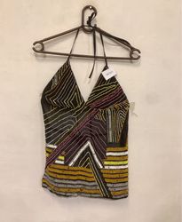 Black halter neck top with beaded geometric patter..