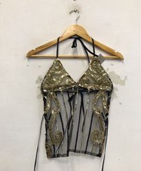 Black and gold sequined halter top