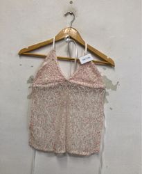 White and pink sequined halter top with tie back