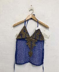 Blue beaded halter top