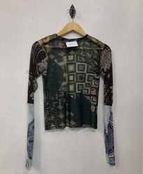 Sheer Long Sleeve Top with Geometric and Paisley P..