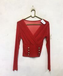 Red long sleeve V-neck top with buttons