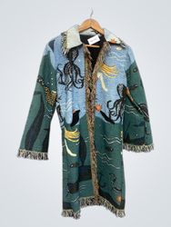 Tapestry Coat with Nautical and Marine Life Print