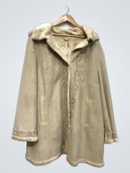Cream embroidered faux fur lined coat with hood