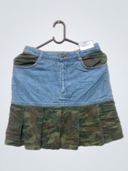 Denim and camouflage pleated skirt