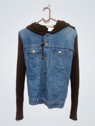 Enza Denim Jacket with Knit Sleeves and Hood
