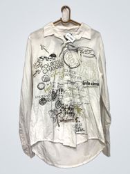 White Long Sleeve Button Up Shirt with Graphic Pri..
