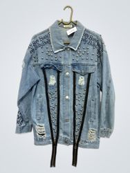 Only Fashion Distressed Denim Jacket with Studs an..