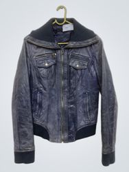 Navy Blue Leather Jacket with Ribbed Collar and Cu..